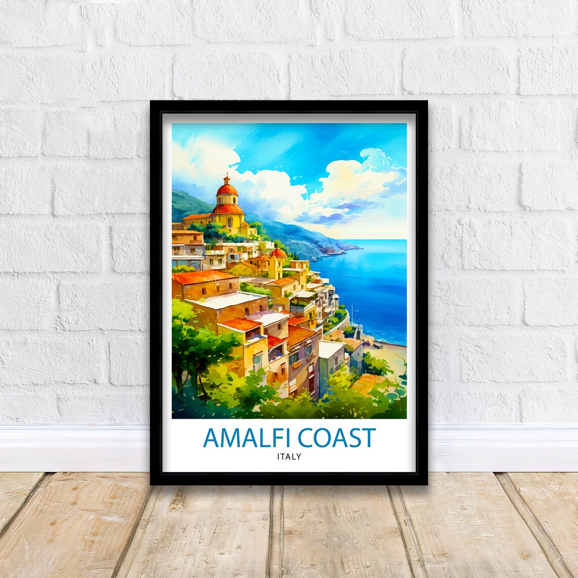 Amalfi Coast Italy Cliffside Village Church Domes Blue Sea Art Poster - Image 2