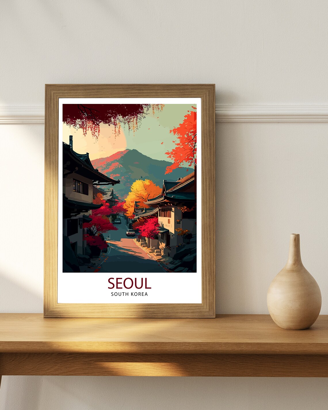 Seoul South Korea Autumn Street Hanok Houses Mountain Poster - Image 2
