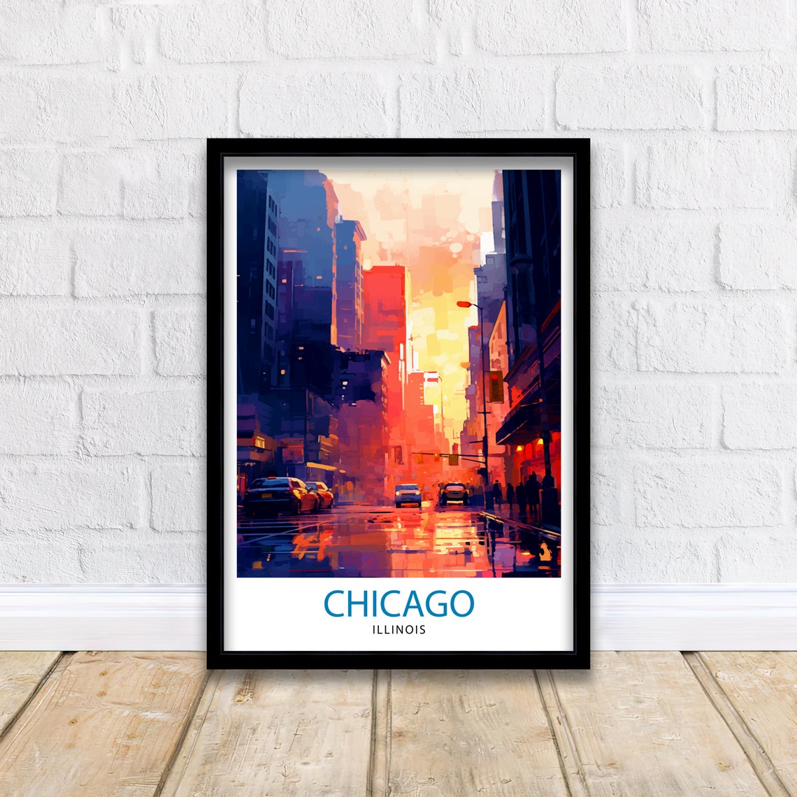 Chicago Illinois Downtown Rainy Night City Street Travel Poster - Image 2