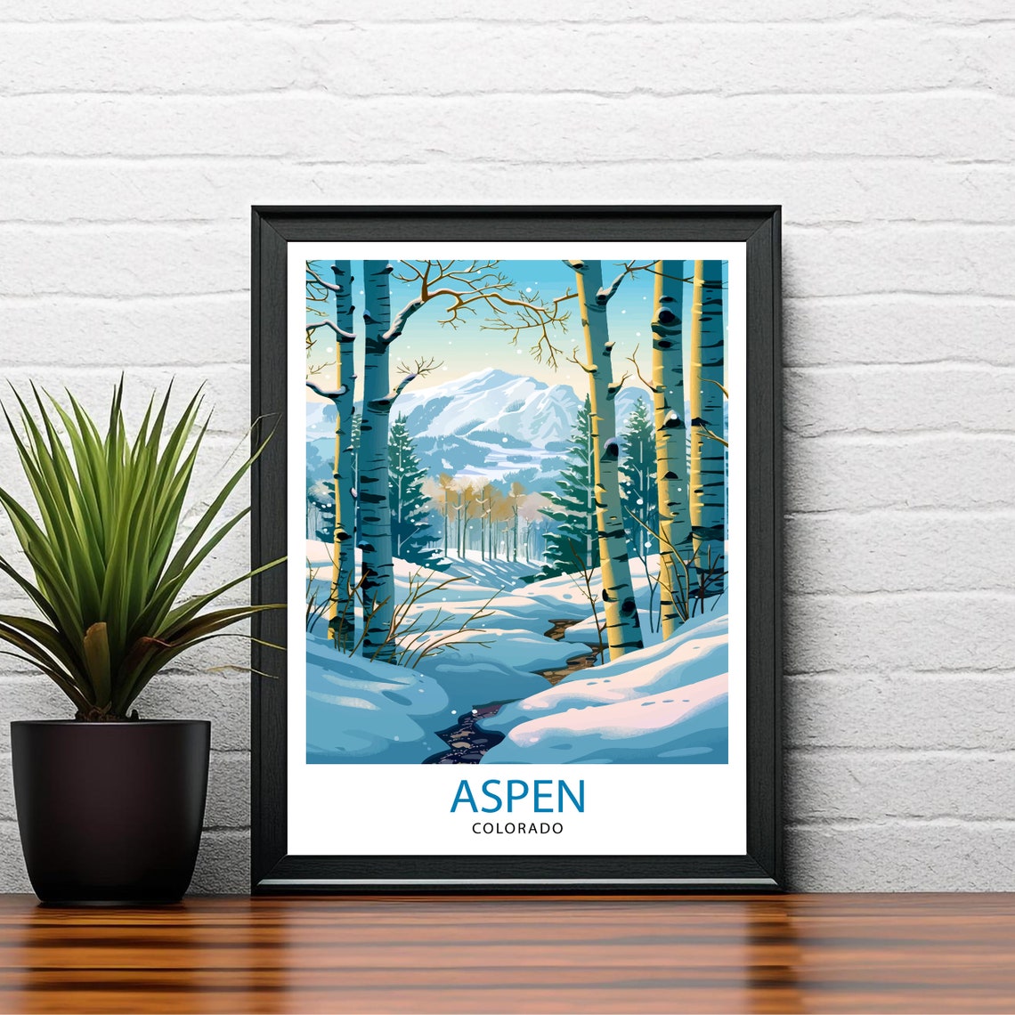 Aspen Colorado Winter Birch Trees Snowy Mountain Stream Poster - Image 2