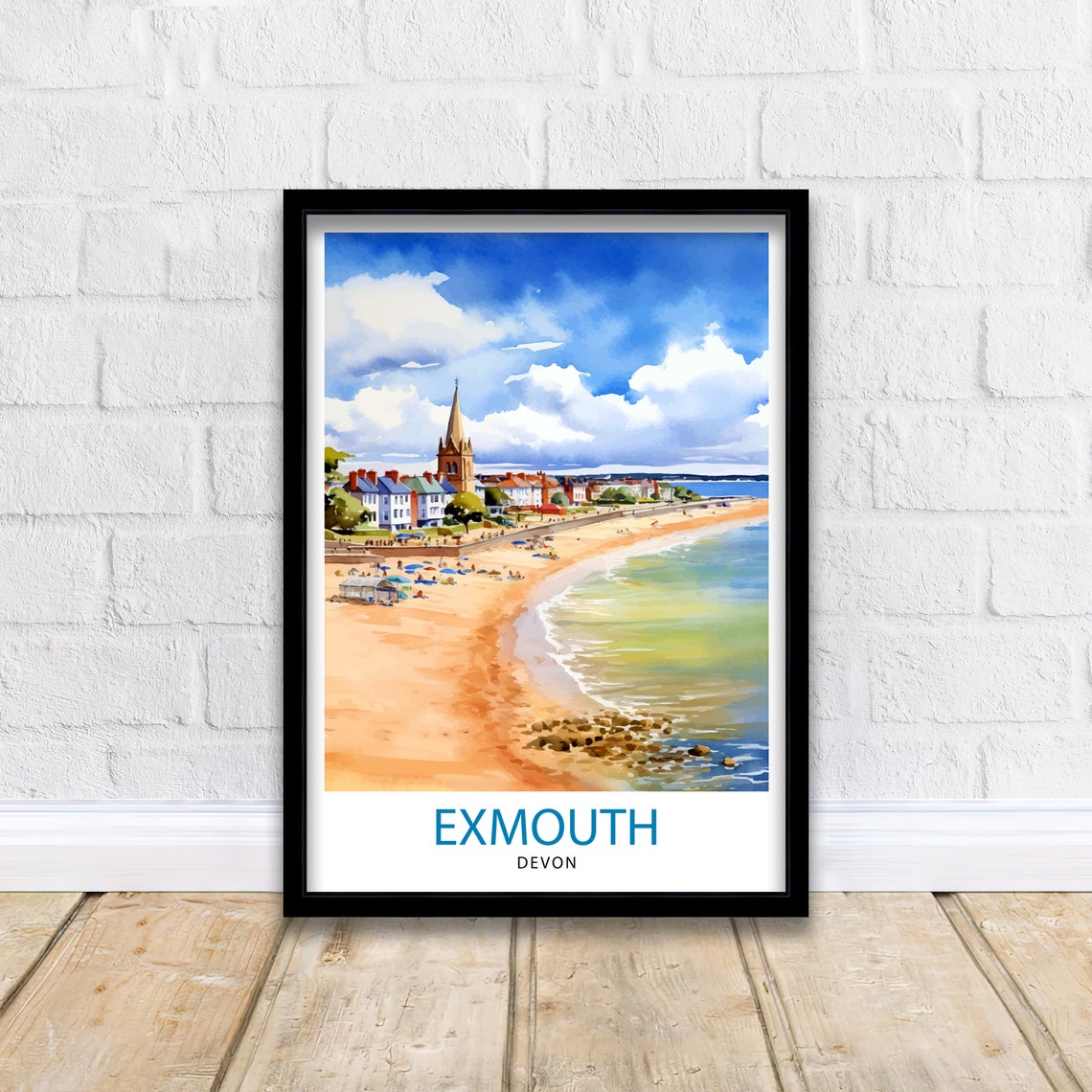 Exmouth Devon Sandy Beach Church Spire Seaside Watercolor Poster - Image 2