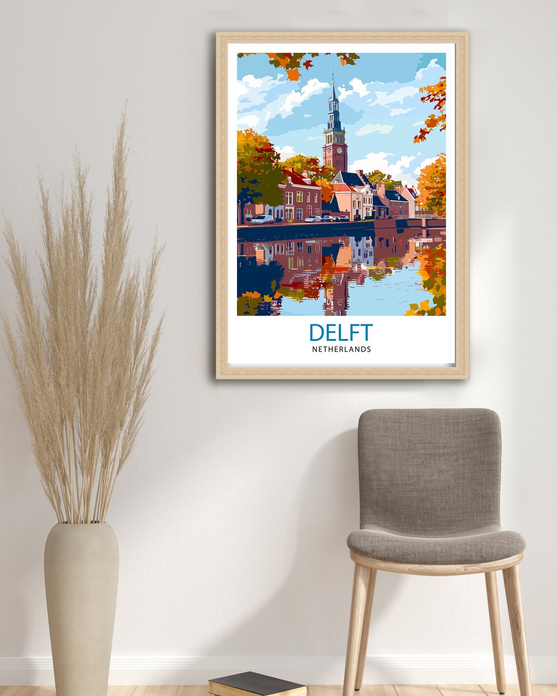 Delft Netherlands Autumn Canal Old Church Tower Travel Poster - Image 2