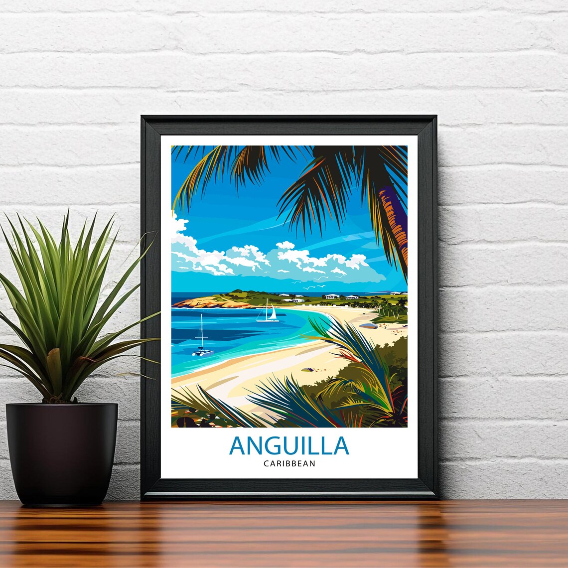 Anguilla Caribbean Palm Fringed Tropical Beach Sailboats Poster - Image 2