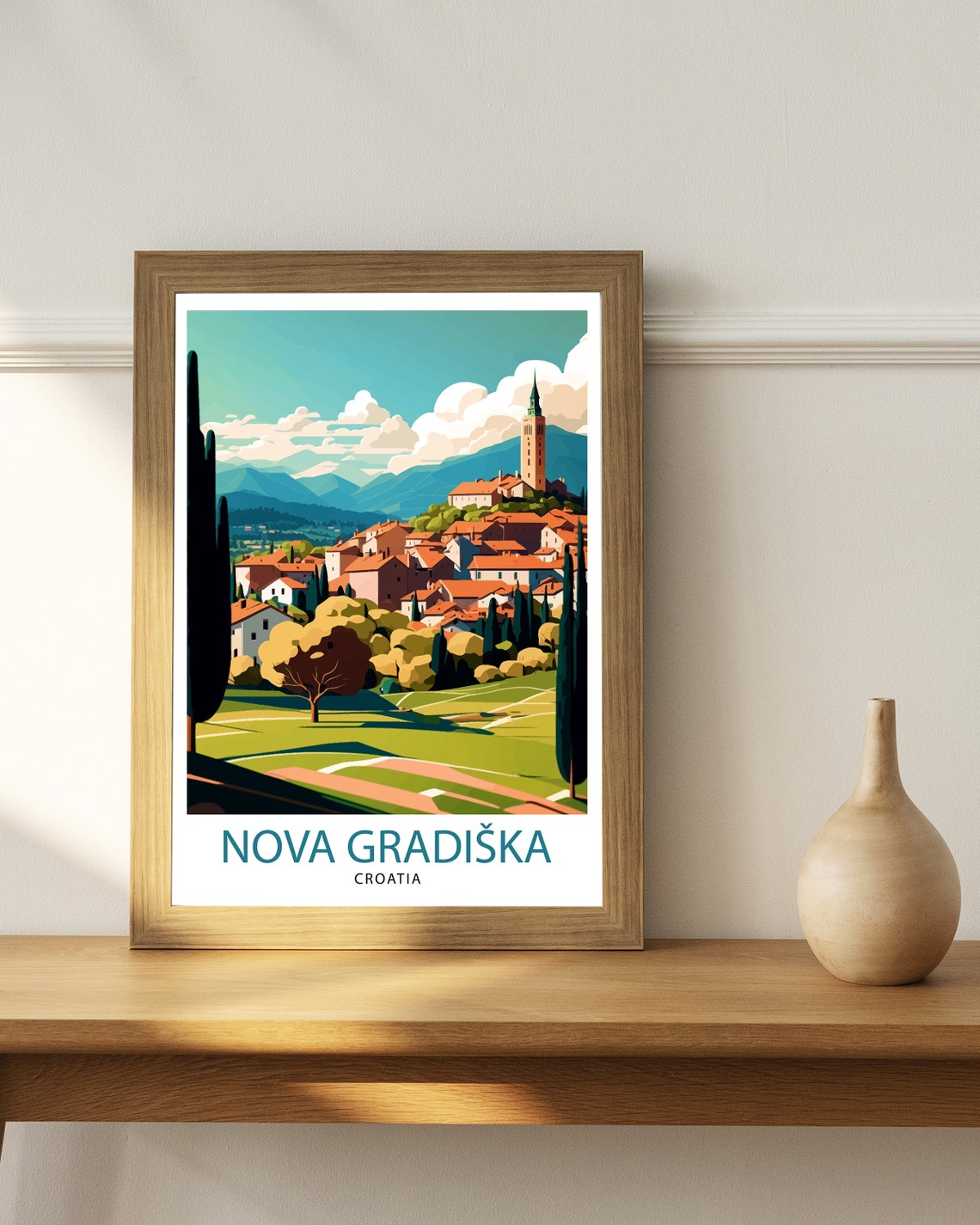Nova Gradiska Croatia Vintage Travel Poster Hilltop Town Bell Tower - Image 3