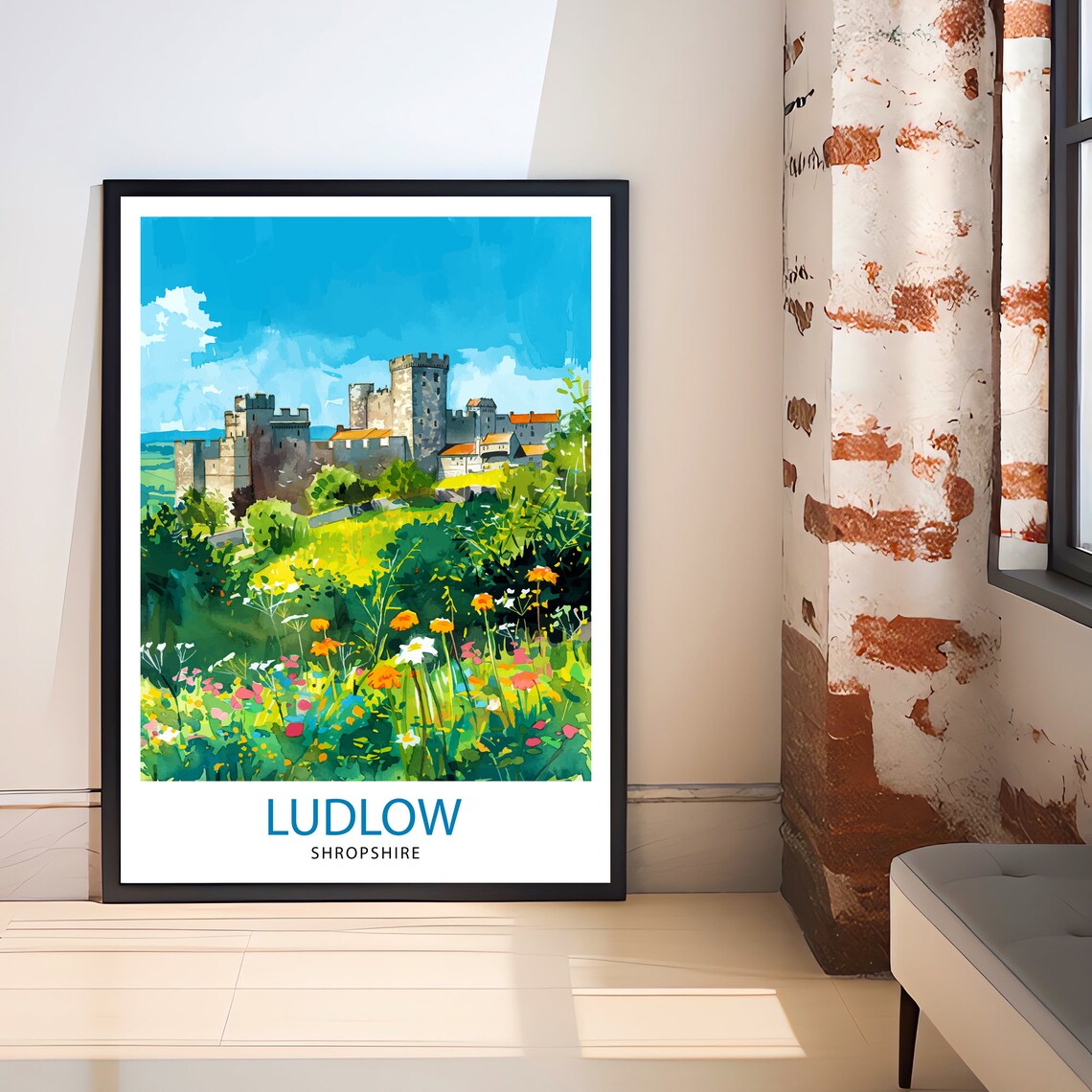 Ludlow Shropshire Castle Watercolor Wildflower Meadow Poster - Image 3