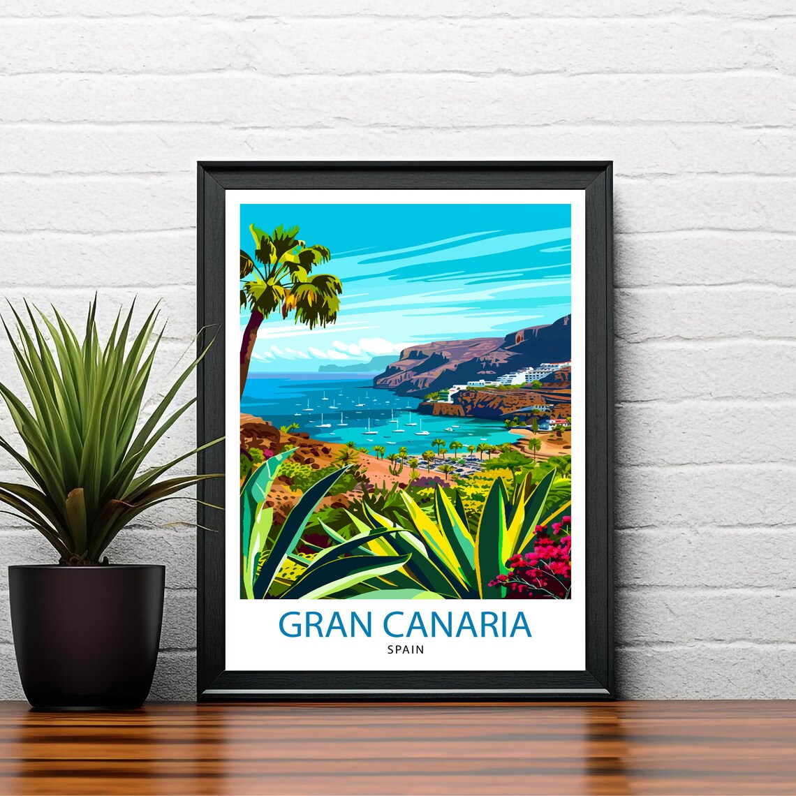 Gran Canaria Spain Coastal Harbor Sailboats Palm Trees Travel Poster - Image 2
