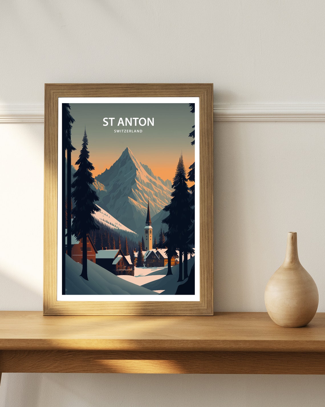 St Anton Switzerland Alpine Village Dusk Mountain Travel Poster - Image 3