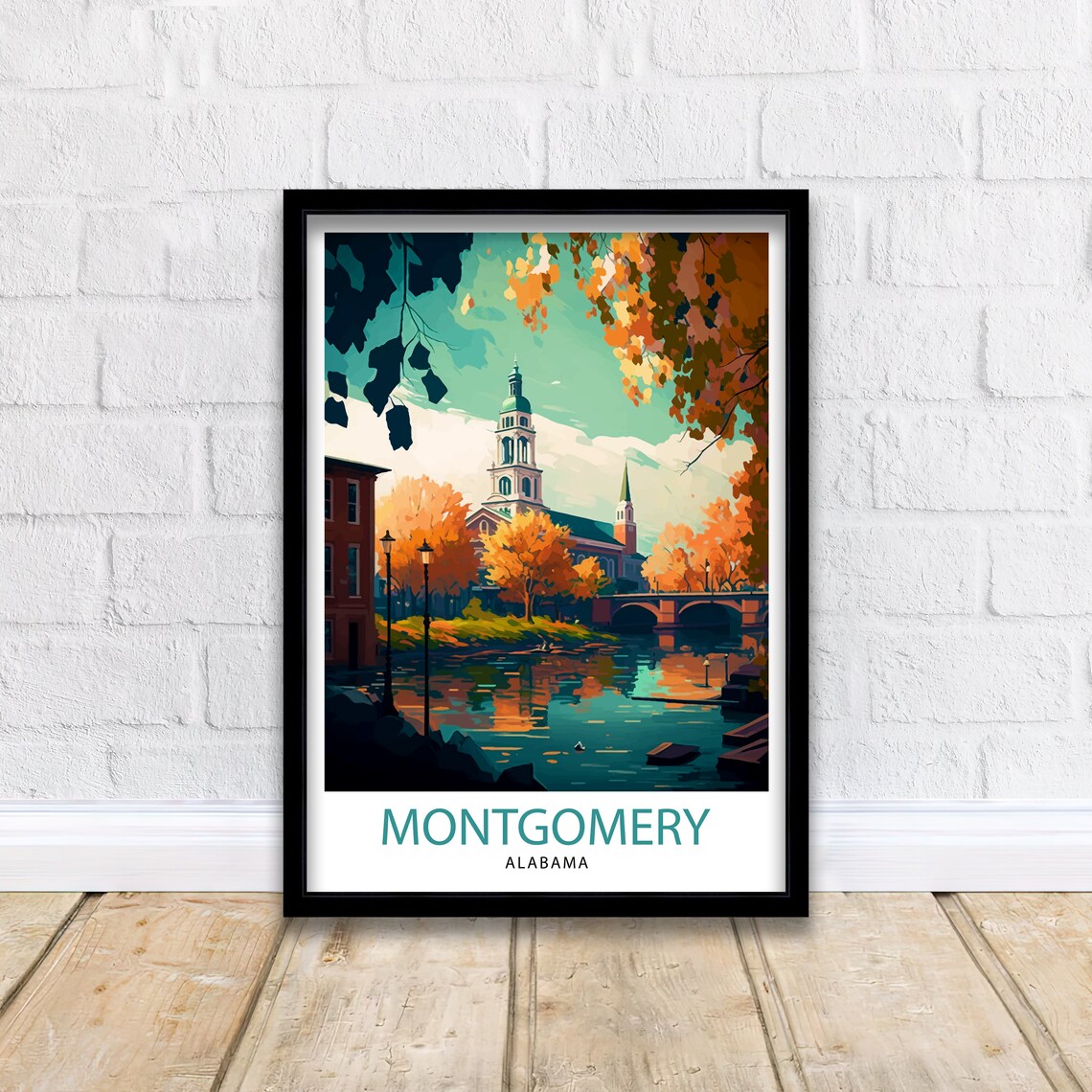 Montgomery Alabama Autumn River Church Tower Vintage Travel Poster - Image 3