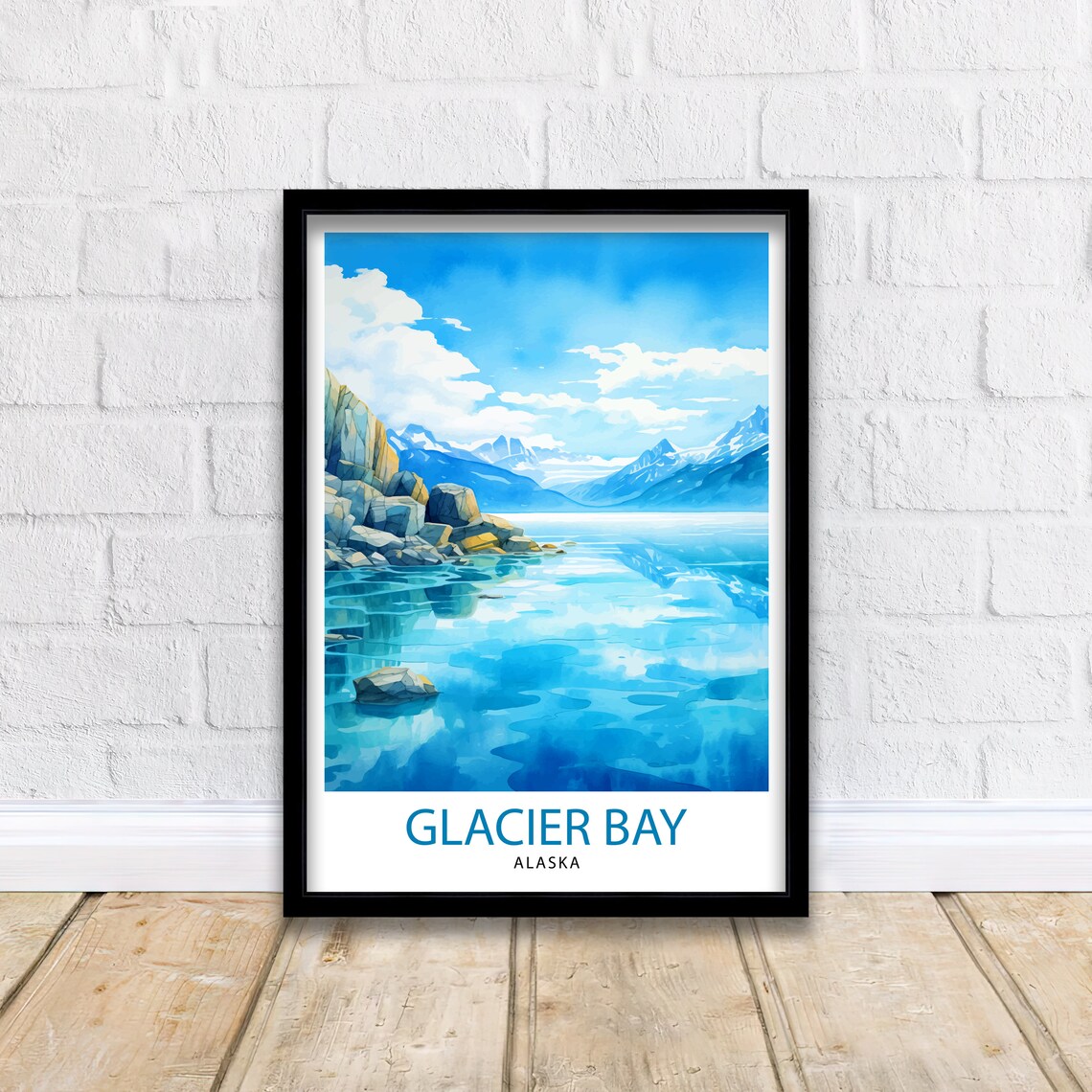 Glacier Bay Alaska Fjord Watercolor Snowy Peaks Mirror Lake Wall Art - Image 2