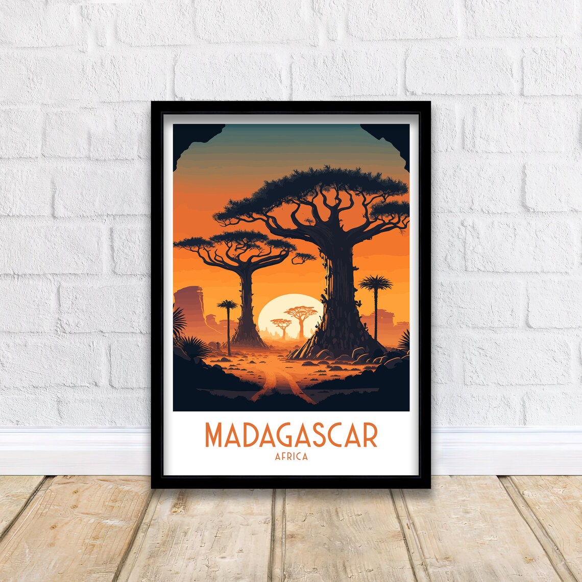 Madagascar Africa Baobab Sunset Silhouette Retro Travel Poster - Image 2