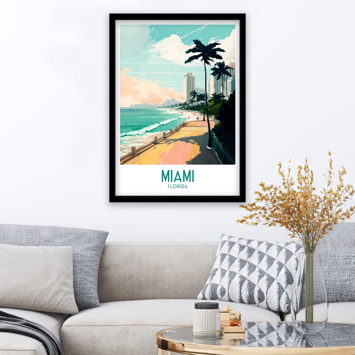 Miami Florida Beach Boardwalk Palm Trees Ocean Front View Poster - Image 2