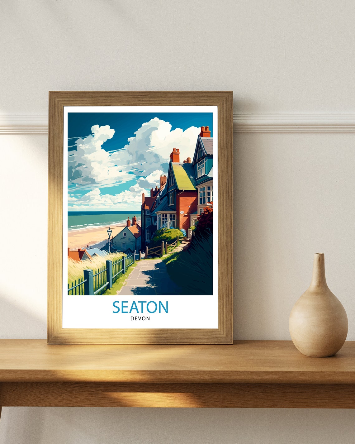 Seaton Devon Seaside Town Clifftop Beach Coastal Village Art Poster - Image 3