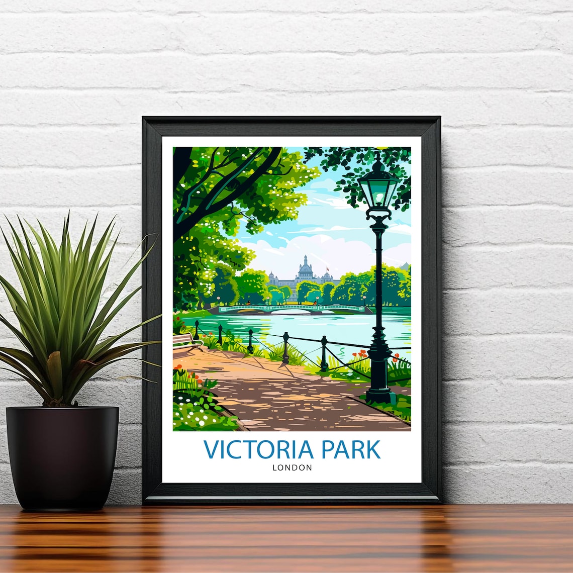 Victoria Park London Bridge Lake Lamp Post Vintage Travel Poster - Image 2