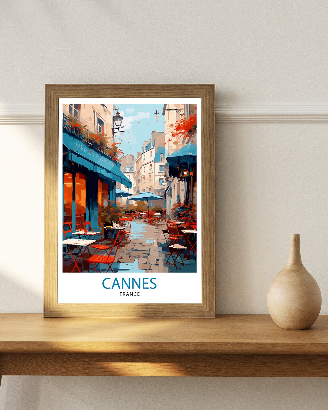Cannes France Charming Café Terrace Blue Awnings Street Poster - Image 3