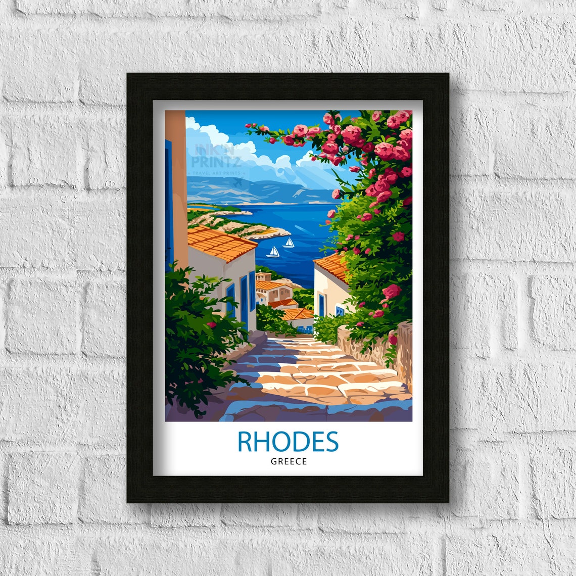 Rhodes Greece Island Village Stone Steps Sea View Poster Art - Image 3