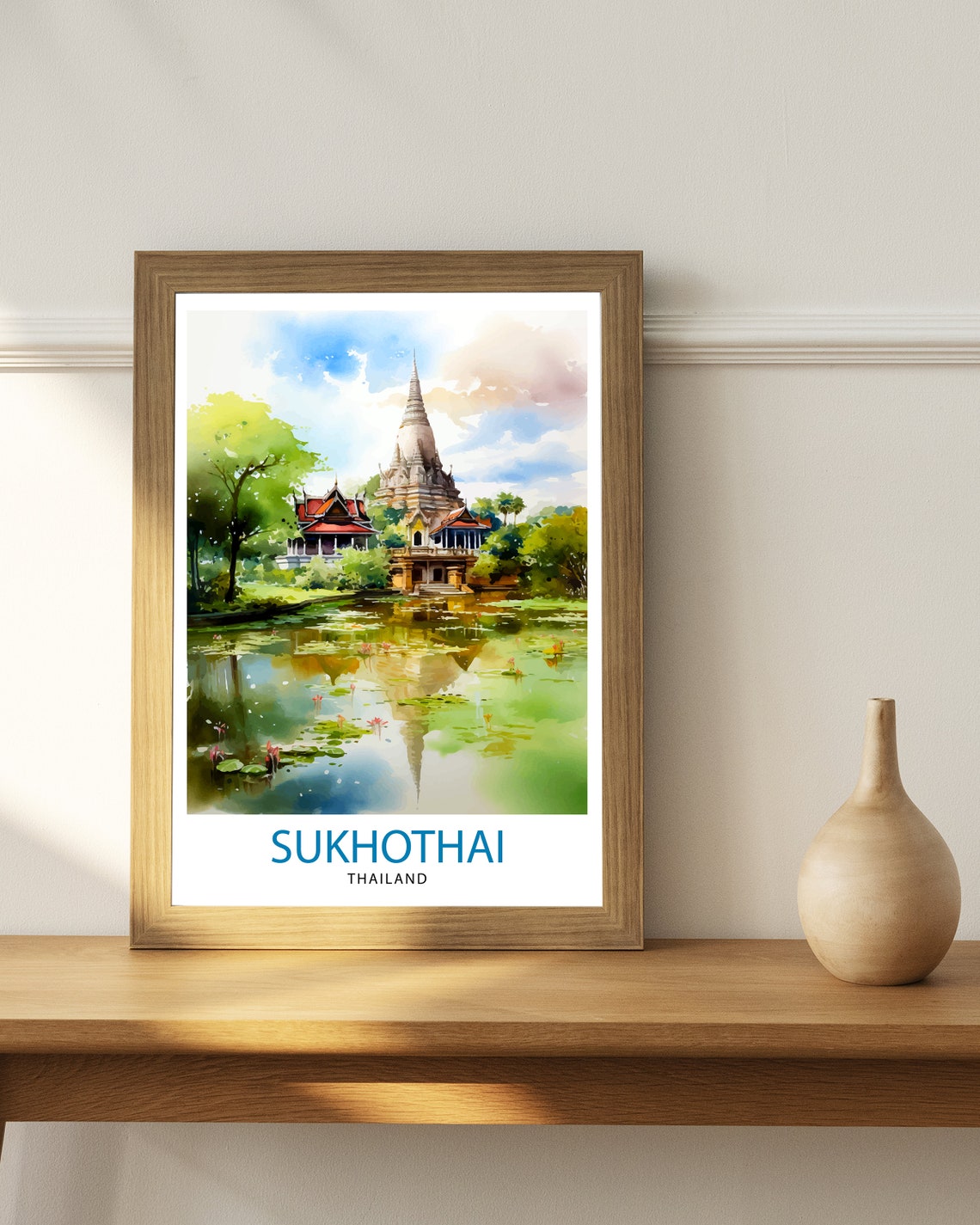 Sukhothai Thailand Temple Ruins Lotus Pond Watercolor Poster - Image 3