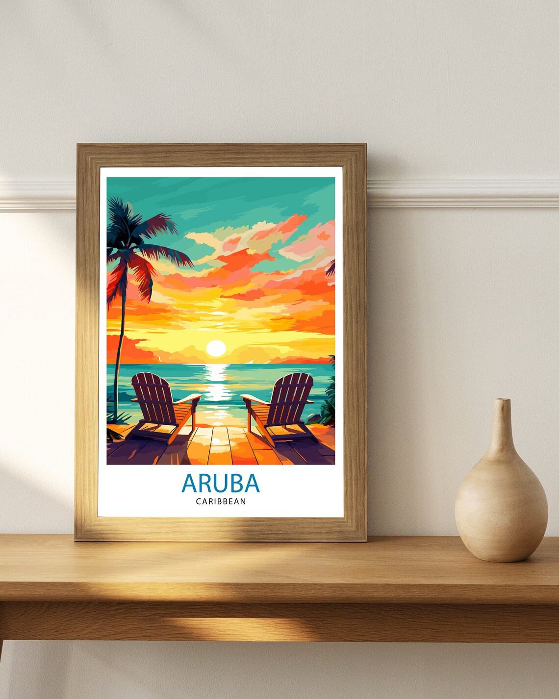 Aruba Caribbean Sunset Beach Lounge Chairs Palm Tropical Poster - Image 2