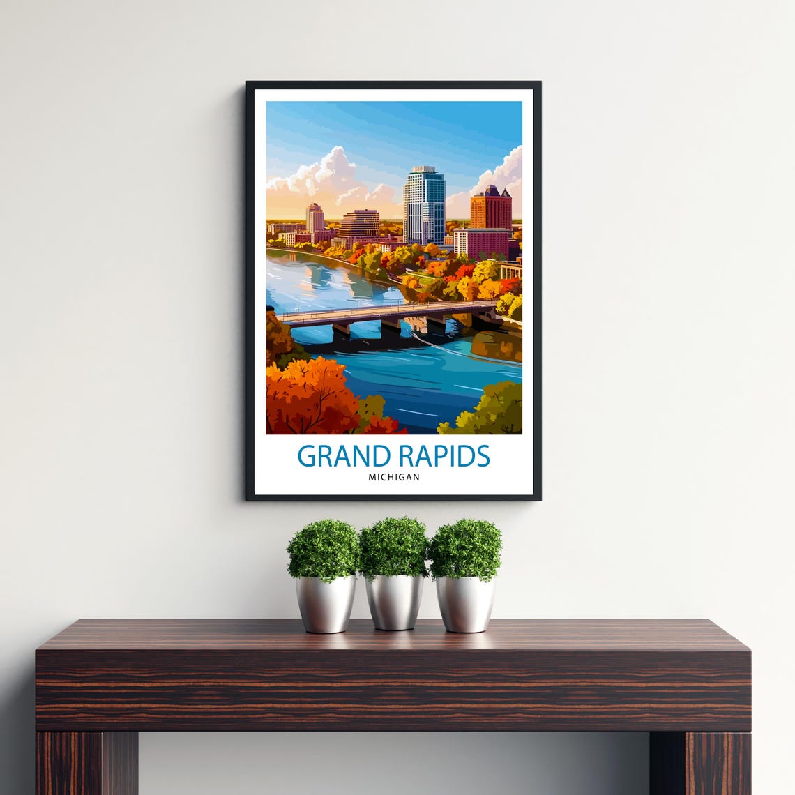 Grand Rapids Michigan River Skyline Vintage Style Travel Poster - Image 2