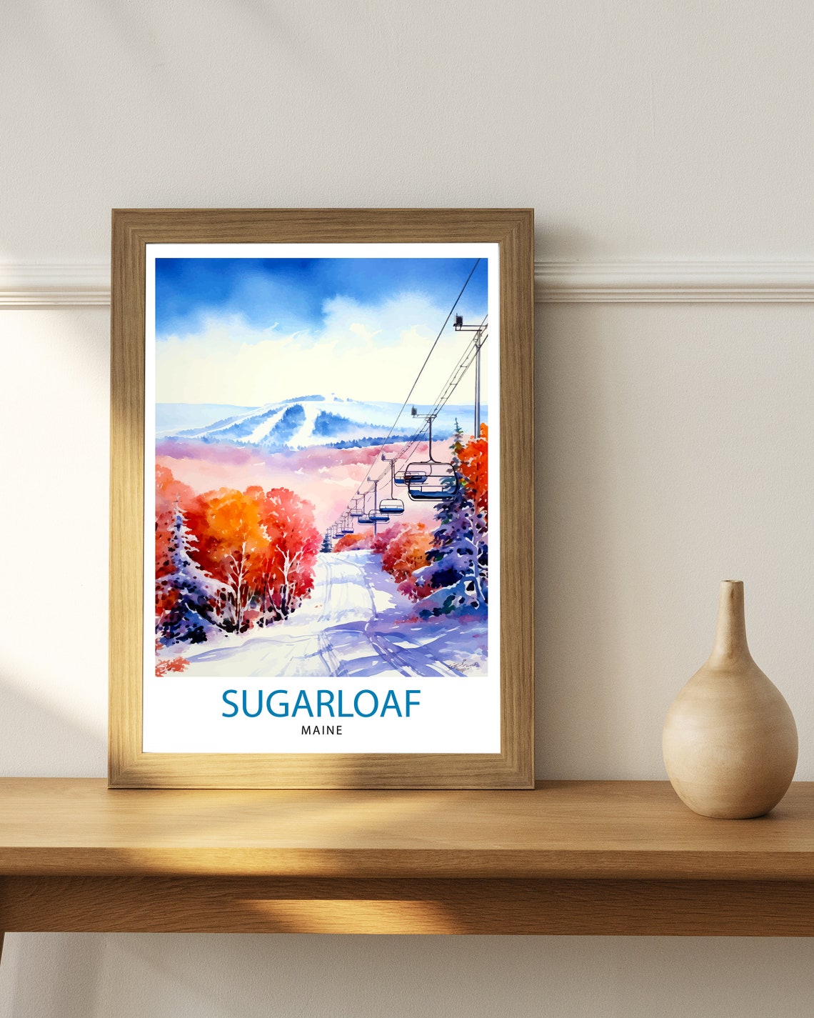 Sugarloaf Maine Ski Lift Watercolor Autumn Snow Mountain Travel Poster - Image 2