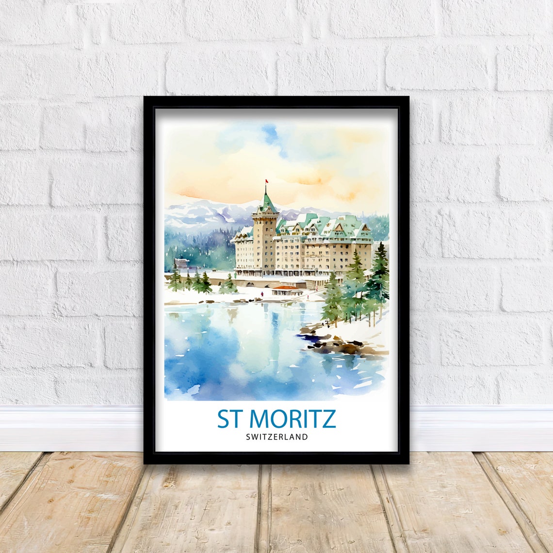 St Moritz Switzerland Grand Hotel Lake Watercolor Winter Poster - Image 2