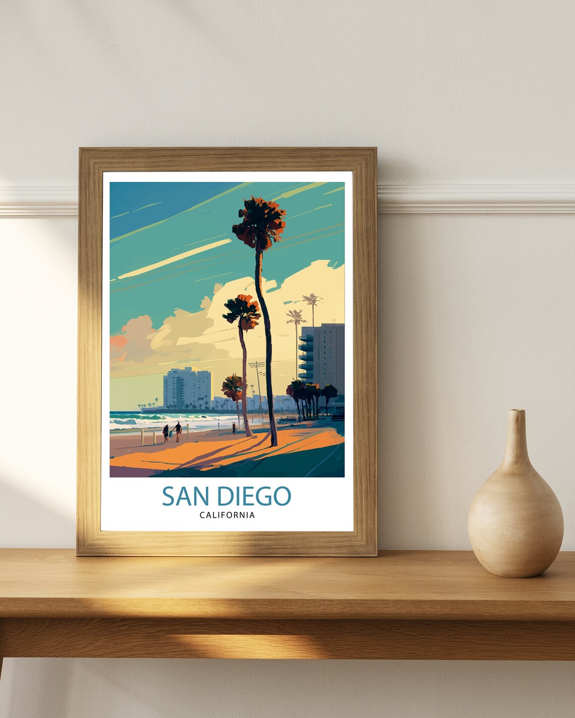 San Diego California Beach Palms Boardwalk Golden Sunset Glow Poster - Image 2