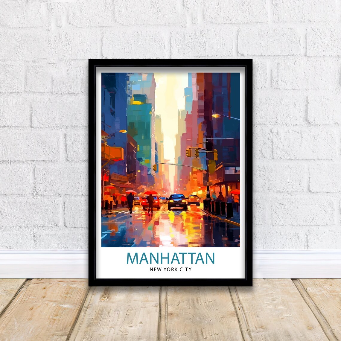Manhattan New York City Rainy Night Street Neon Travel Poster - Image 2