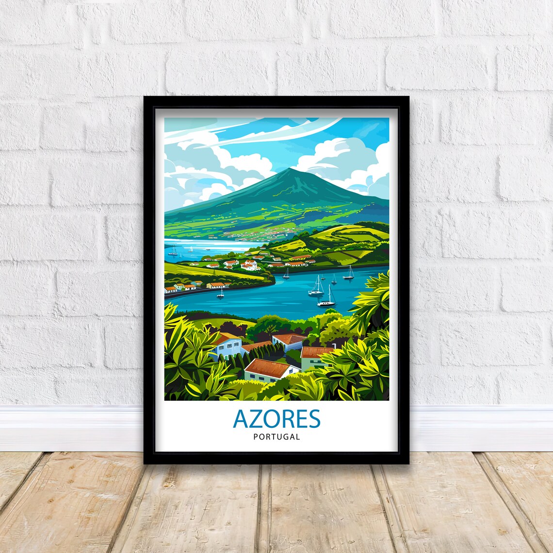 Azores Portugal Volcanic Island Lagoon Sailboats Travel Poster