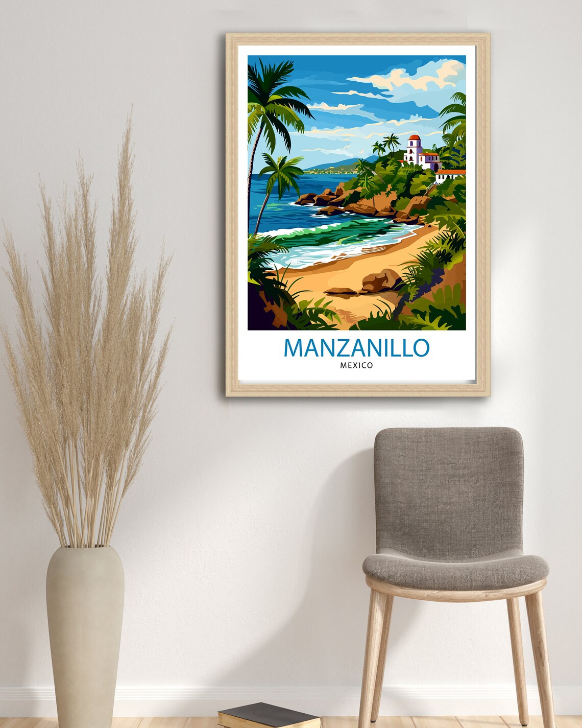 Manzanillo Mexico Tropical Beach Palm Trees Chapel Travel Poster - Image 2