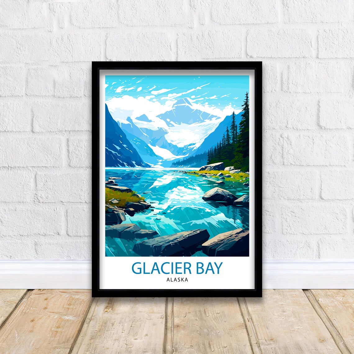 Glacier Bay Alaska Bold Illustration Turquoise Lake Glacier Peaks Poster - Image 2