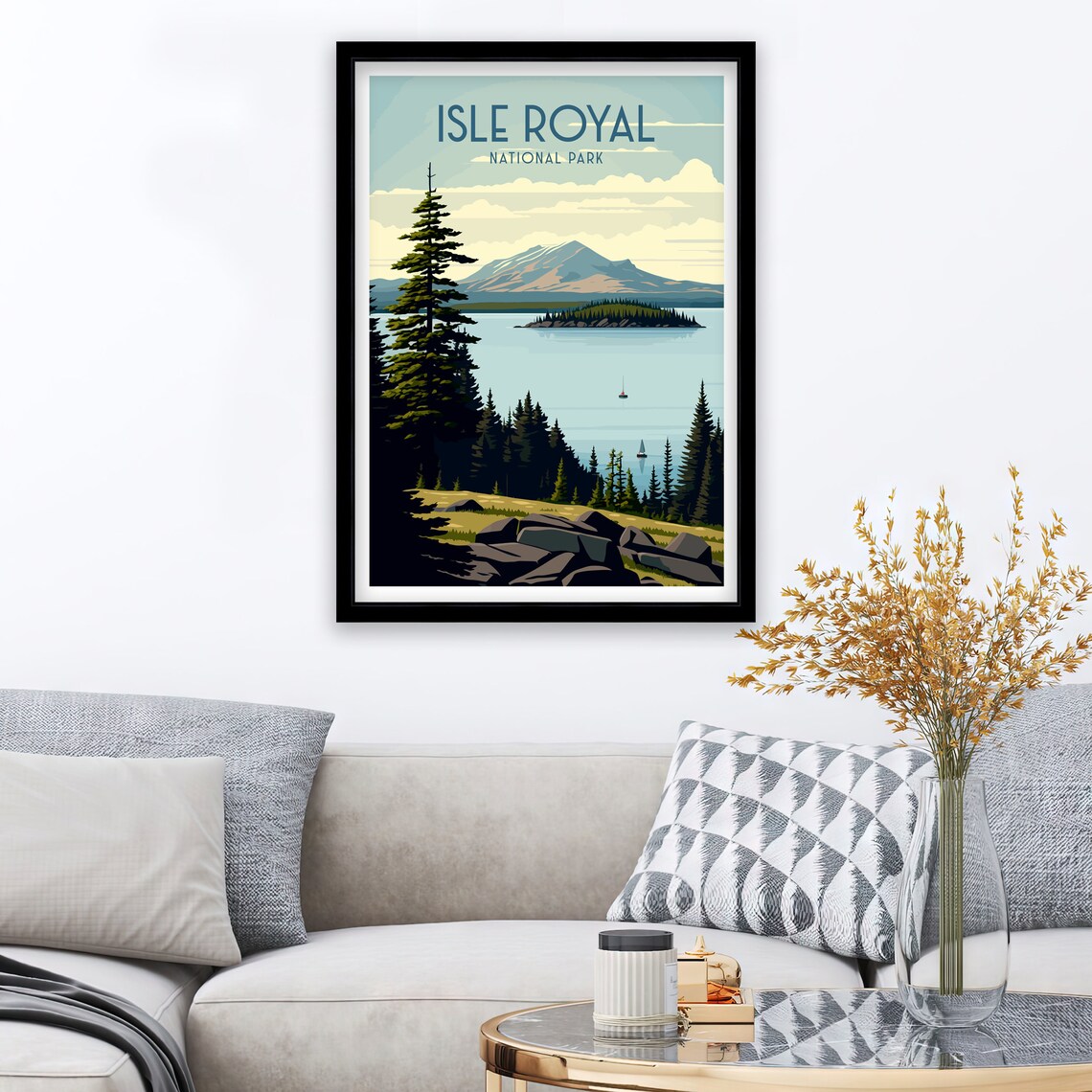 Isle Royal National Park Pines Lake Sailboats Retro Travel Poster - Image 2