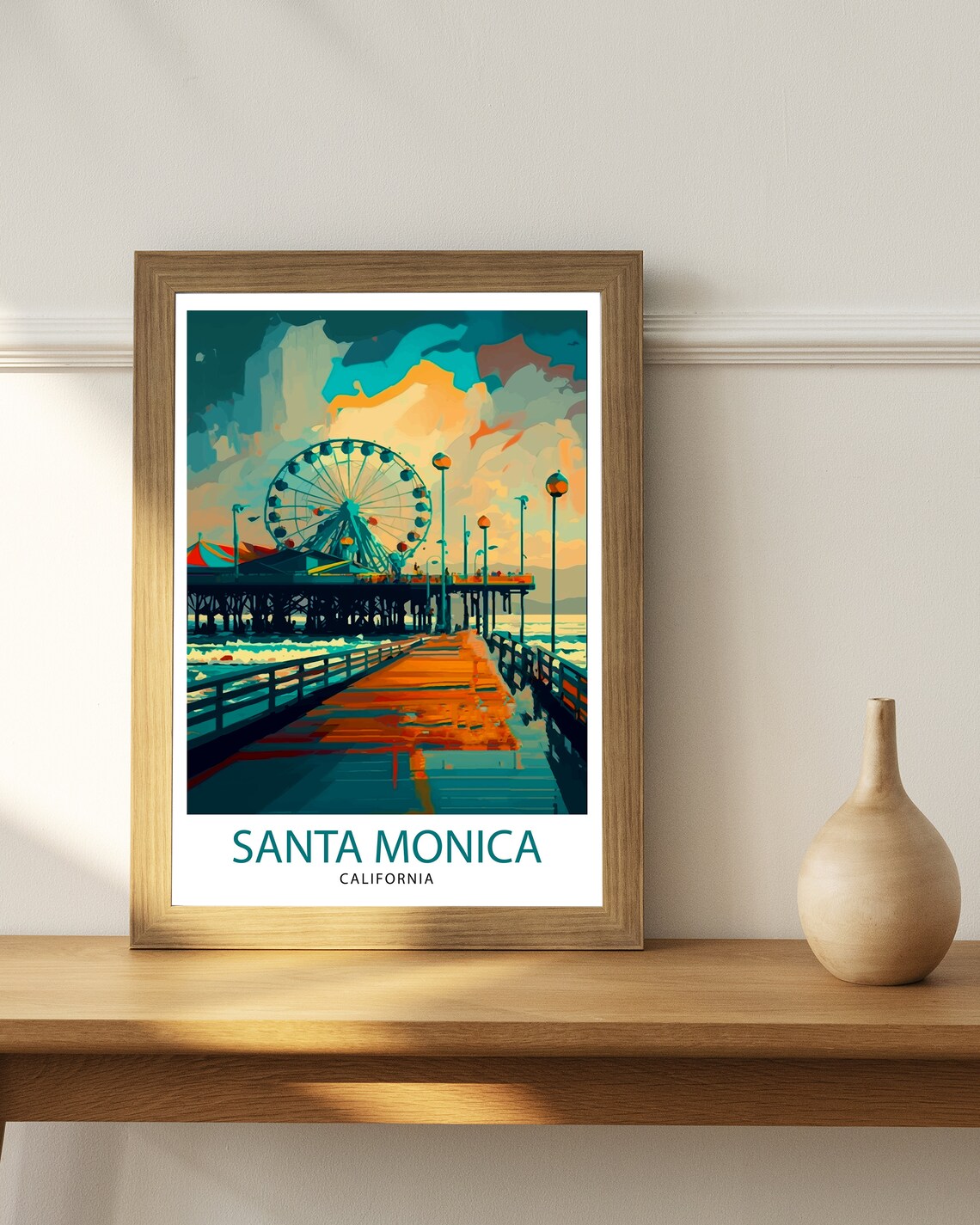 Santa Monica California Pier Ferris Wheel Sunset Travel Poster - Image 3