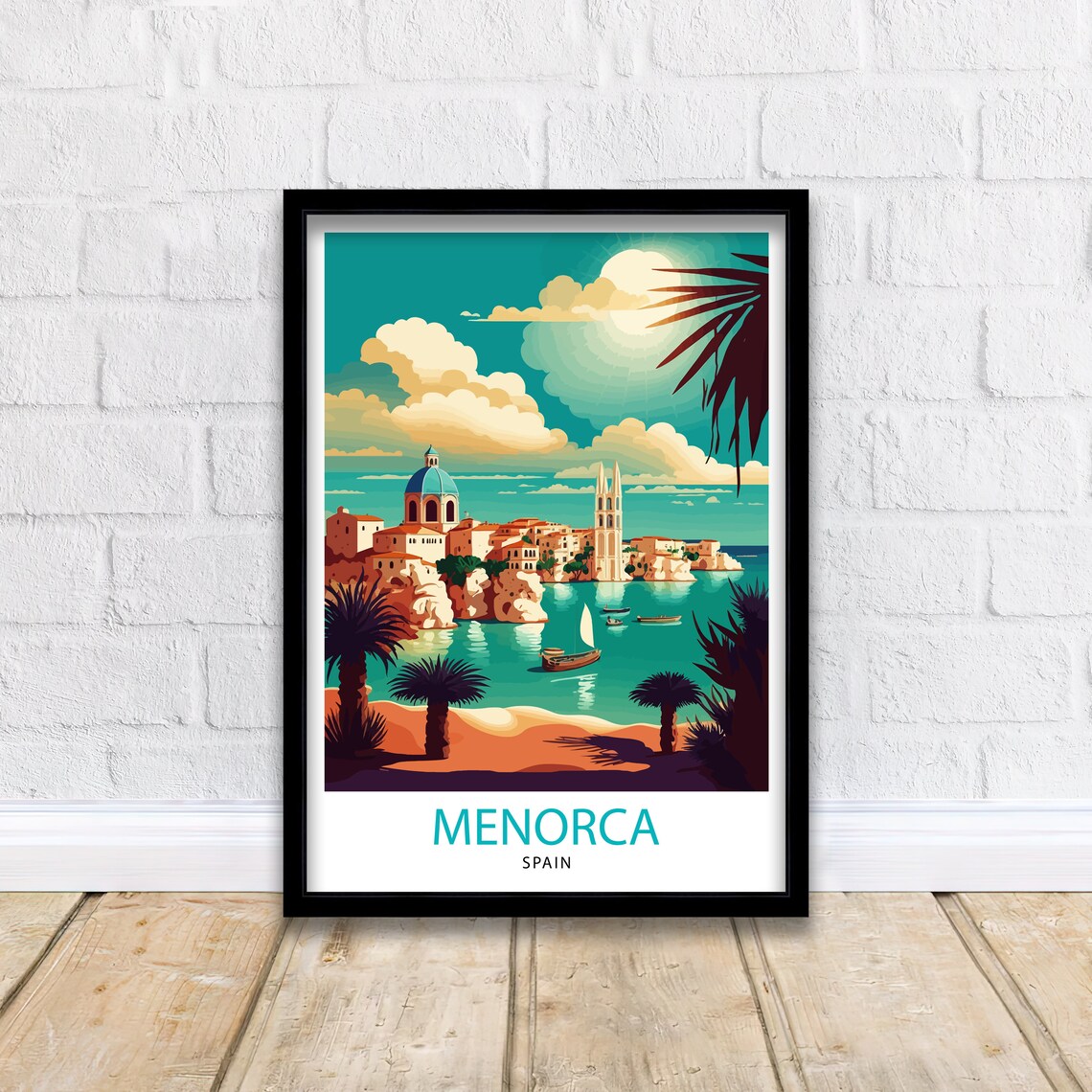 Menorca Spain Harbor Town Church Palms Turquoise Bay Scene Poster - Image 3