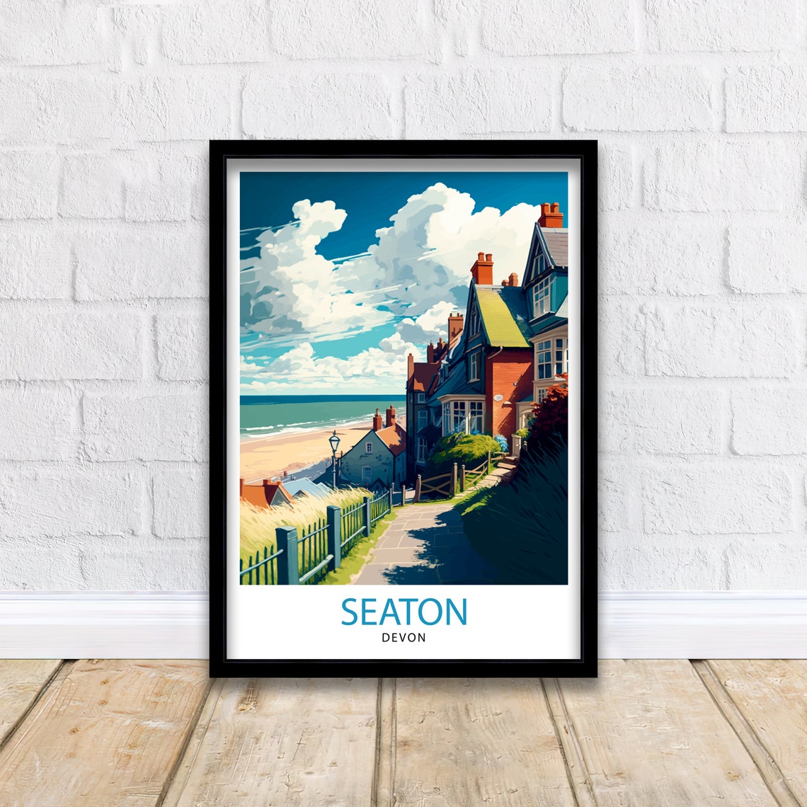 Seaton Devon Seaside Town Clifftop Beach Coastal Village Art Poster - Image 2