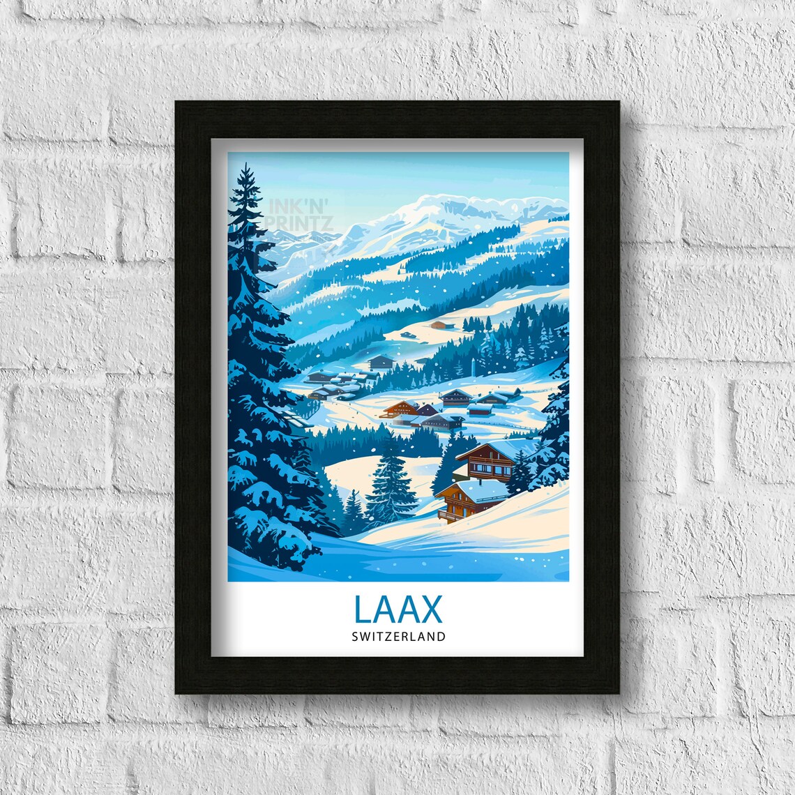 Laax Switzerland Snowy Ski Village Alpine Winter Travel Poster - Image 3