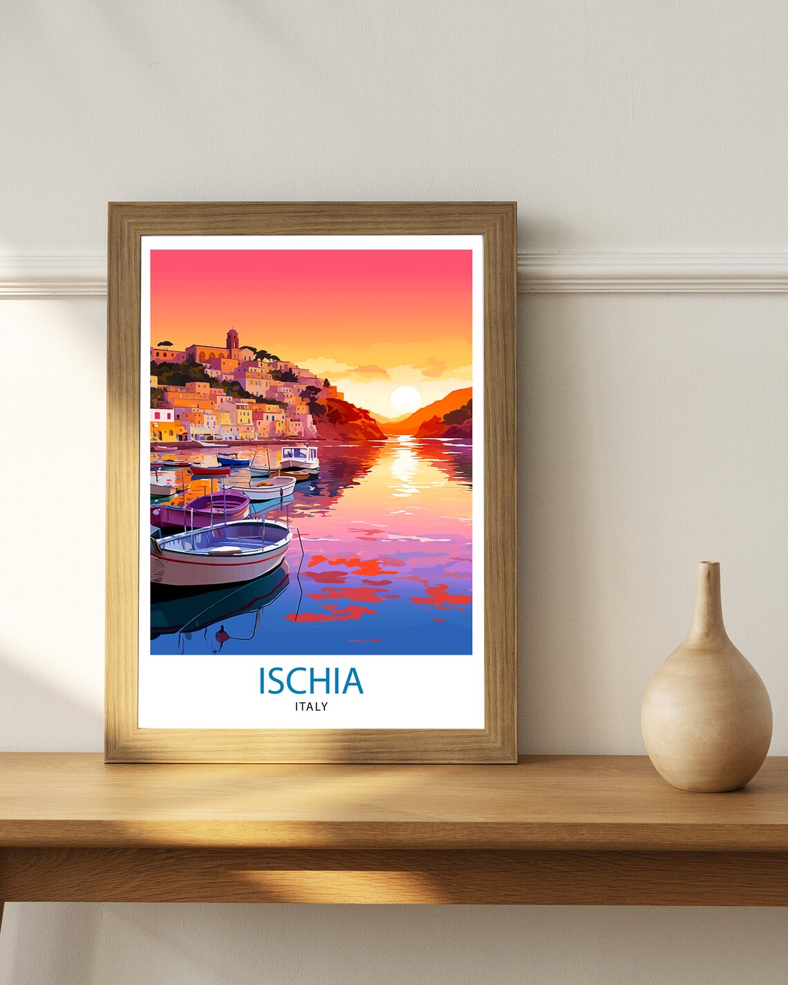 Ischia Italy Sunset Harbor Boats Hillside Town Water View Poster - Image 2