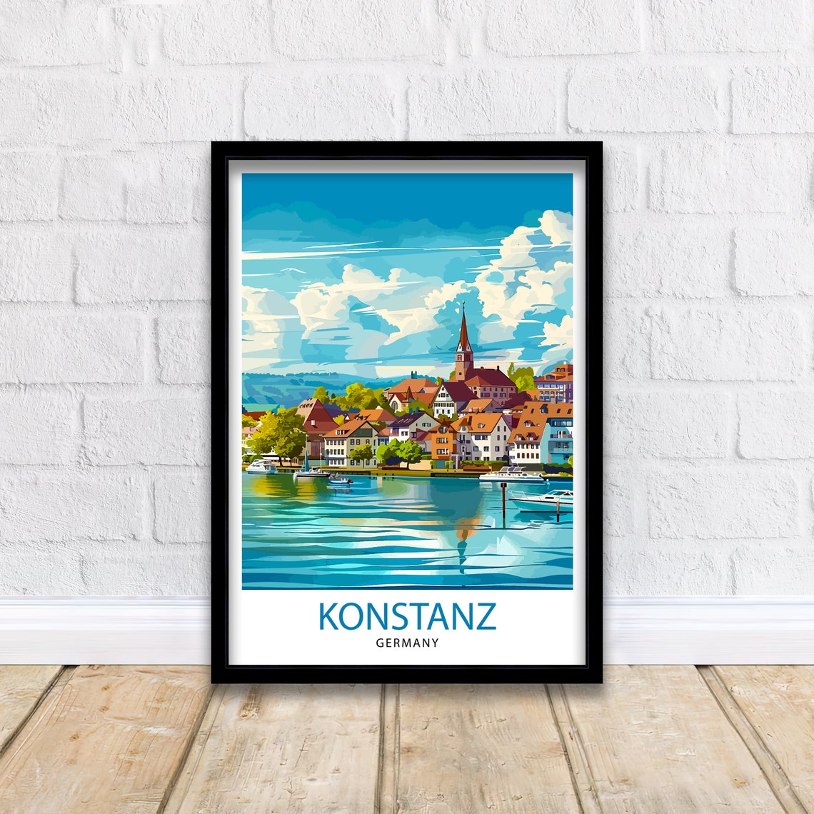 Konstanz Germany Lakeside Travel Poster with Harbor Church Tower Art