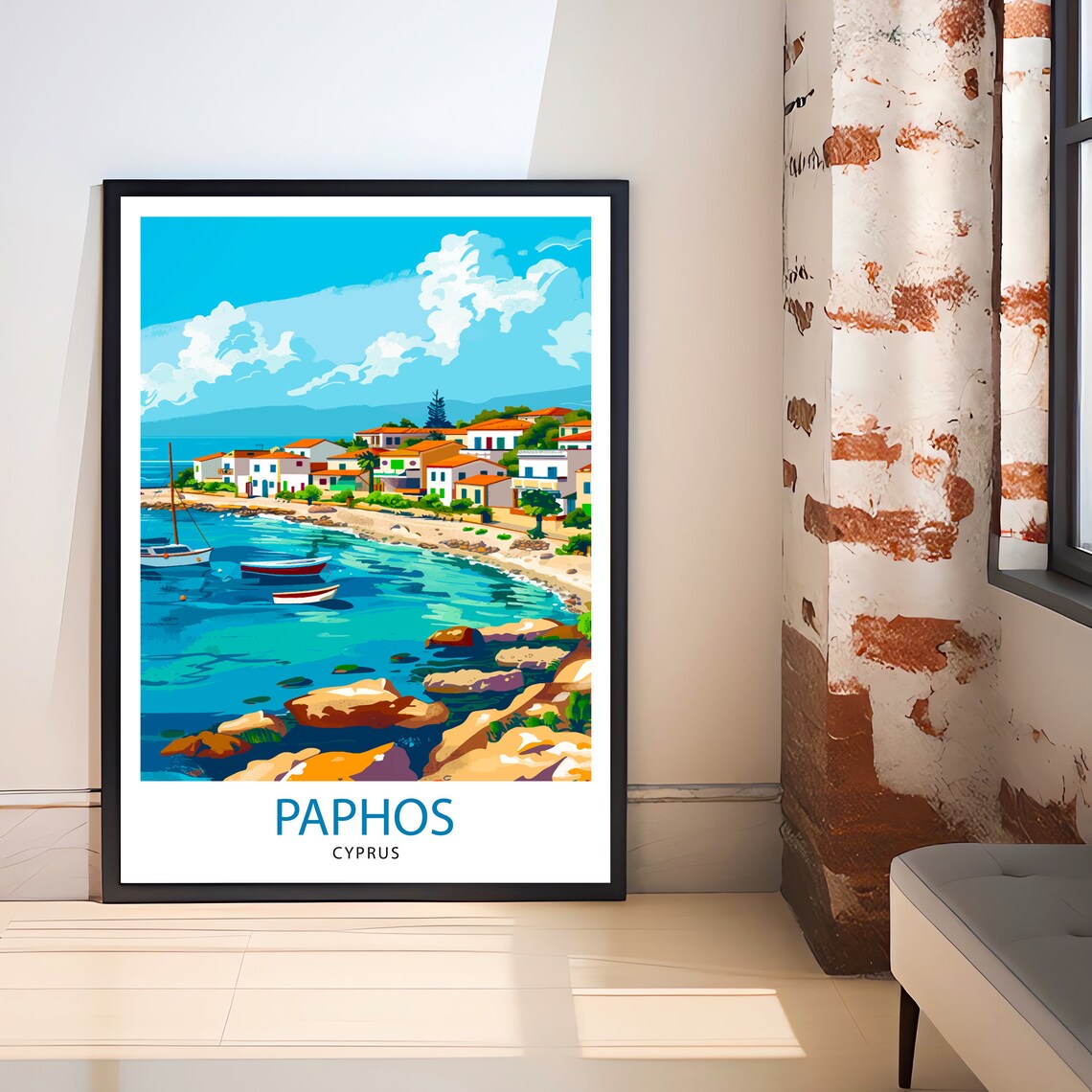 Paphos Cyprus Harbor Boats White Houses Turquoise Sea Travel Poster - Image 2
