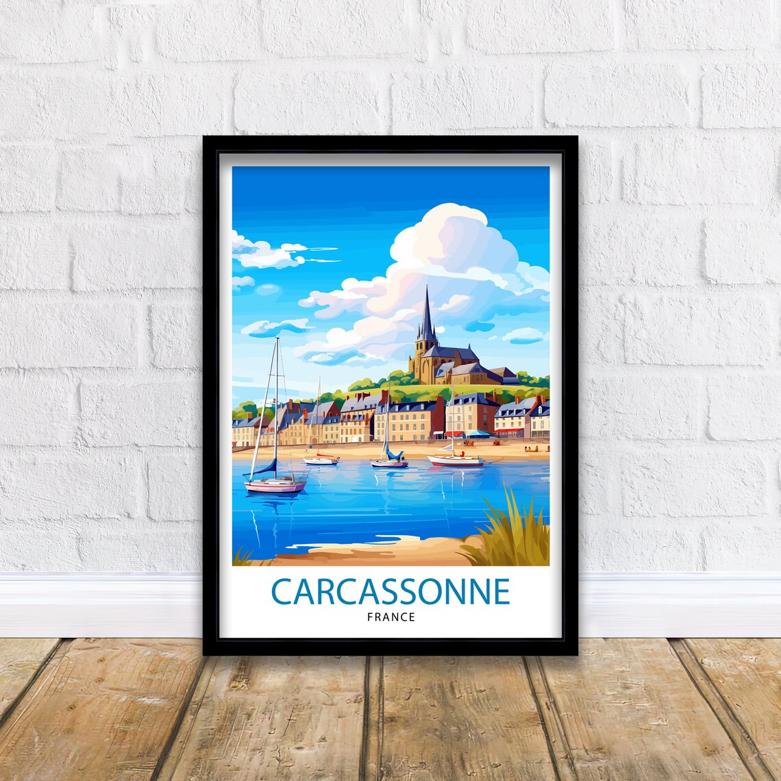 Carcassonne France Sunny Harbor Sailboats Hill Church View Poster