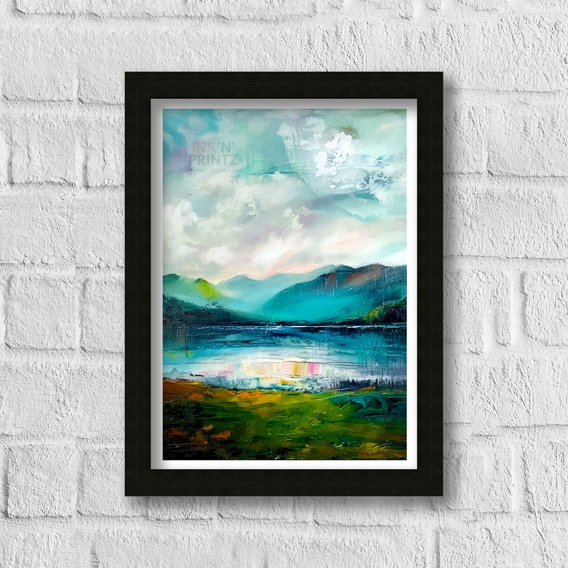 Lake District England Teal Lake Green Hills Misty Abstract Poster - Image 3
