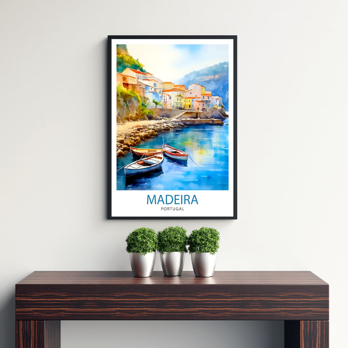 Madeira Portugal Fishing Boats Rocky Cove Watercolor Village Poster - Image 3