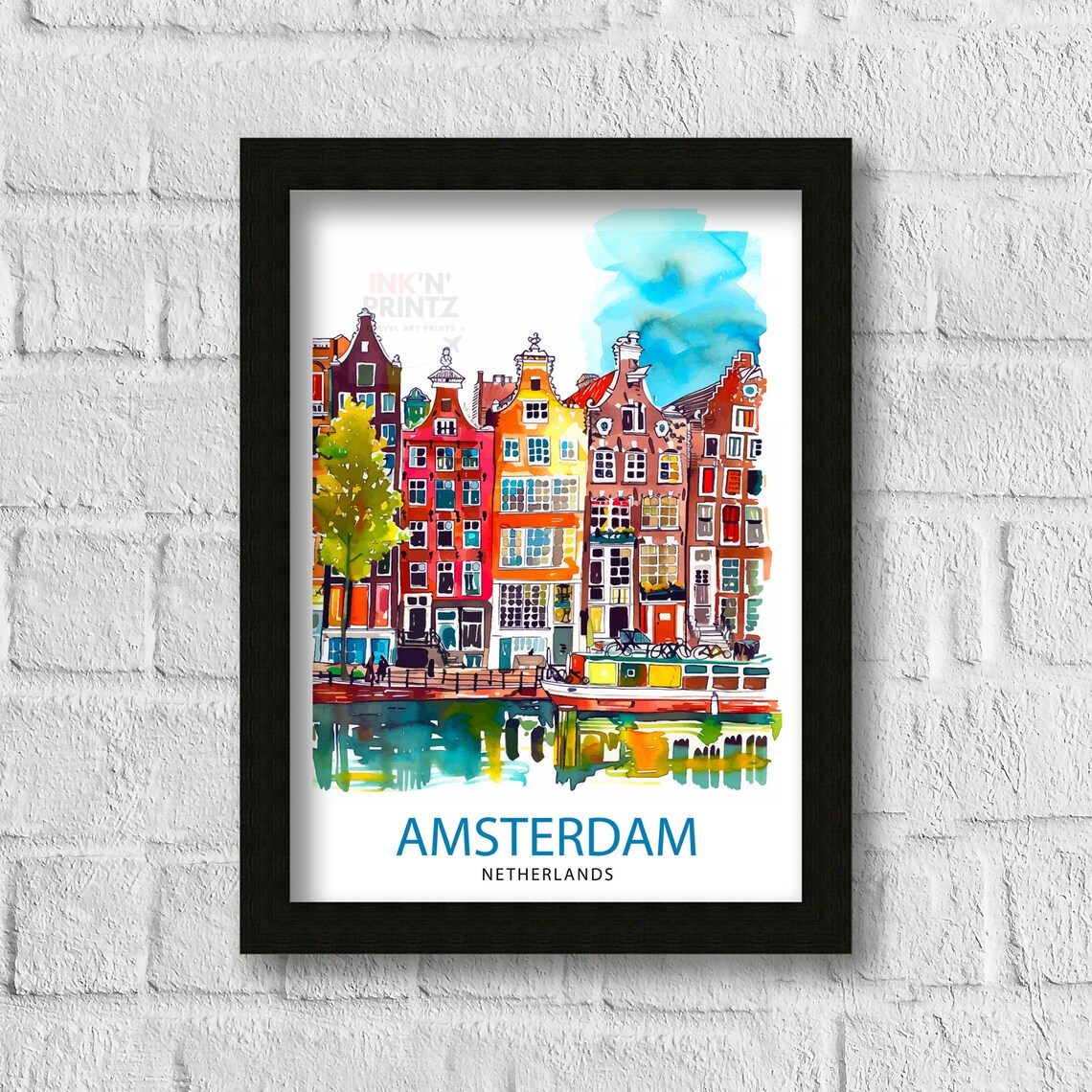 Amsterdam Netherlands Canal House Row Watercolor City Poster - Image 3