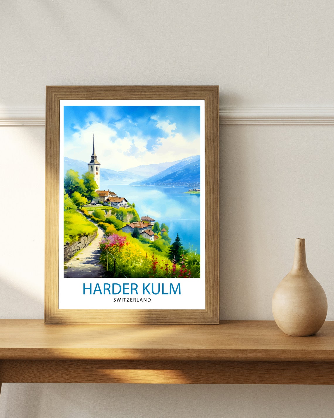 Harder Kulm Switzerland Lakeside Village Watercolor View Poster - Image 3