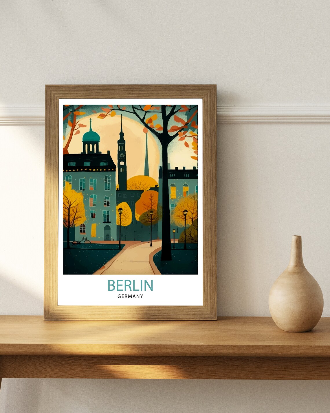 Berlin Germany Autumn City Park Church Spires Moonrise Travel Poster - Image 3