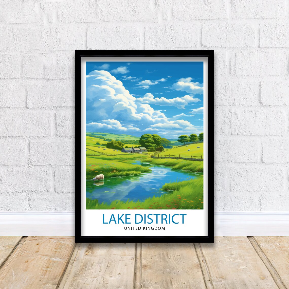 Lake District United Kingdom Green Stream Sheep Pasture Travel Poster - Image 2
