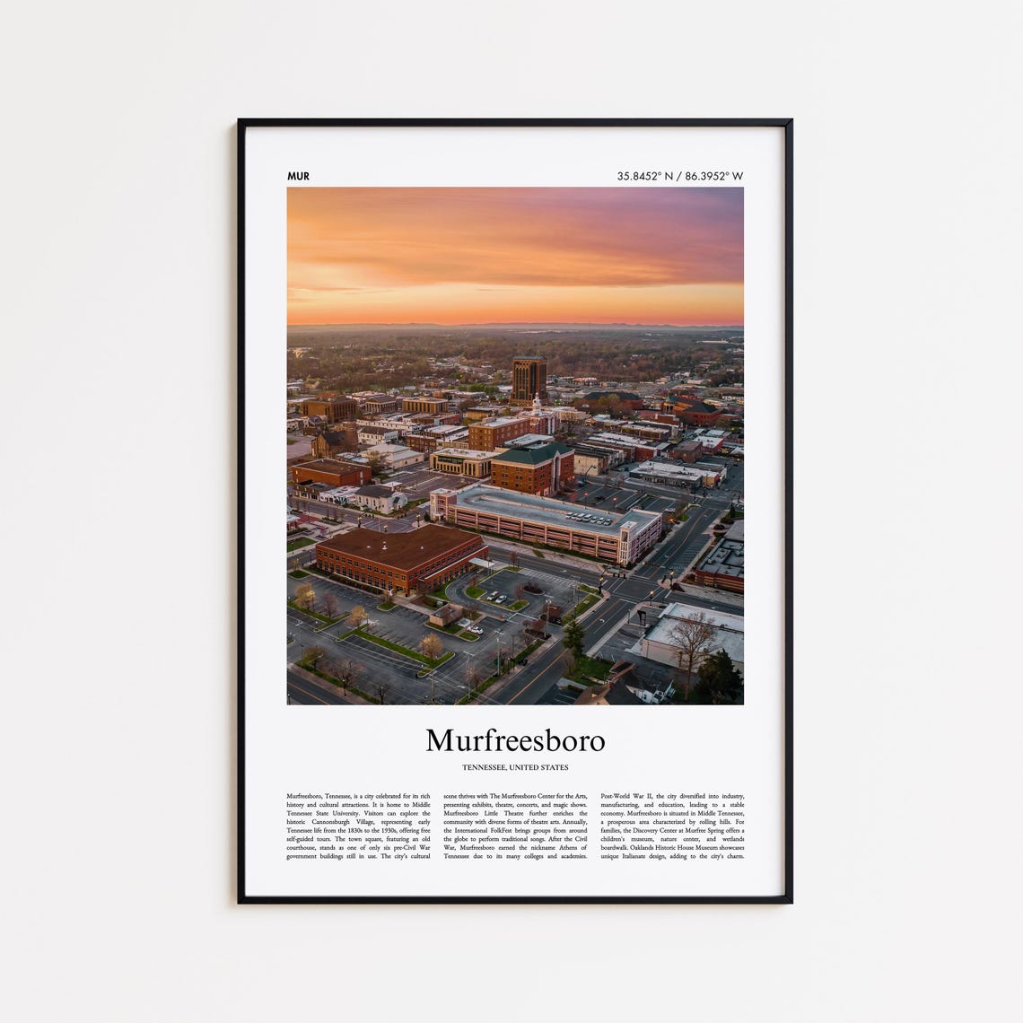 Murfreesboro Tennessee Downtown Sunset Aerial View Travel Poster
