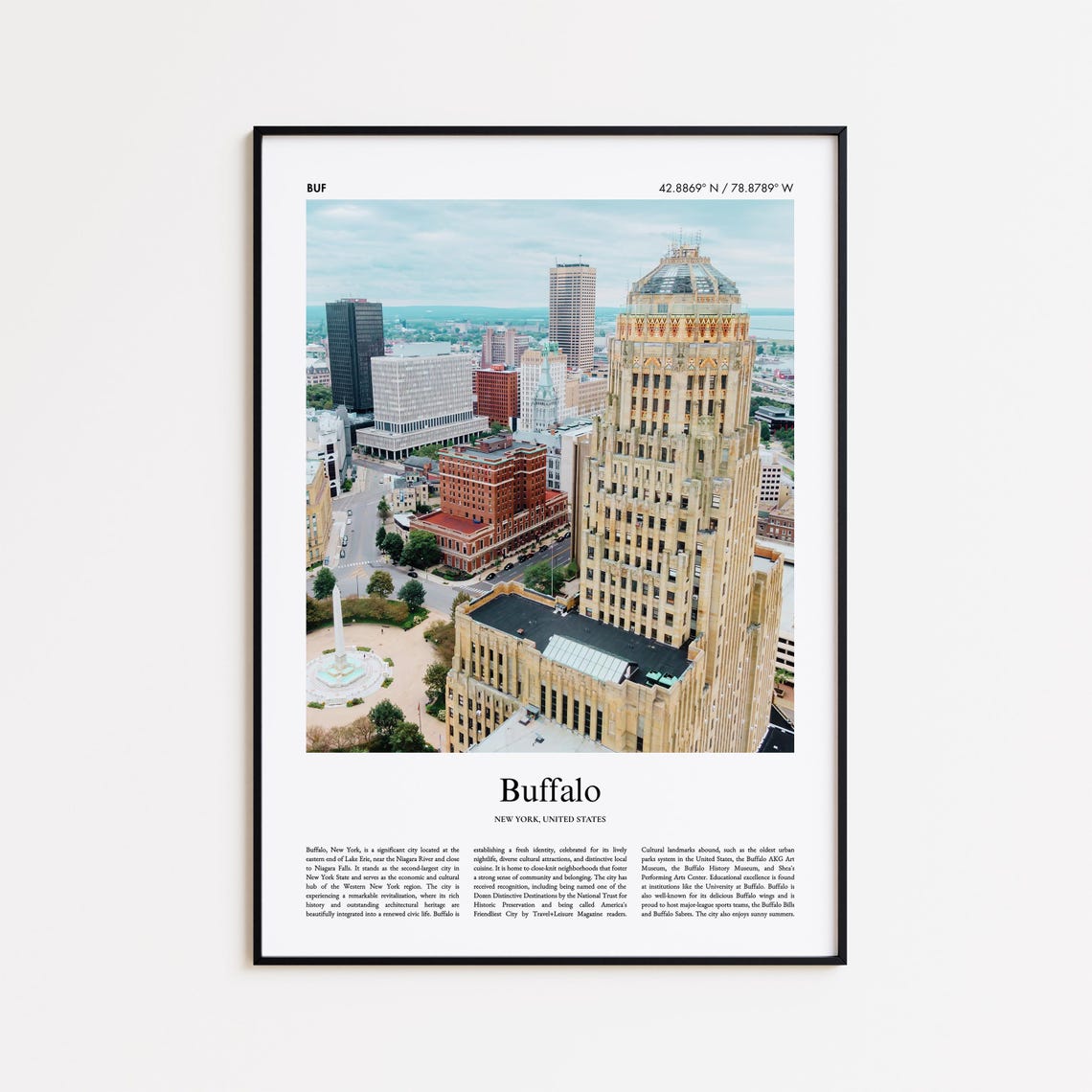 Buffalo New York Downtown Aerial Art Deco Tower View Travel Poster