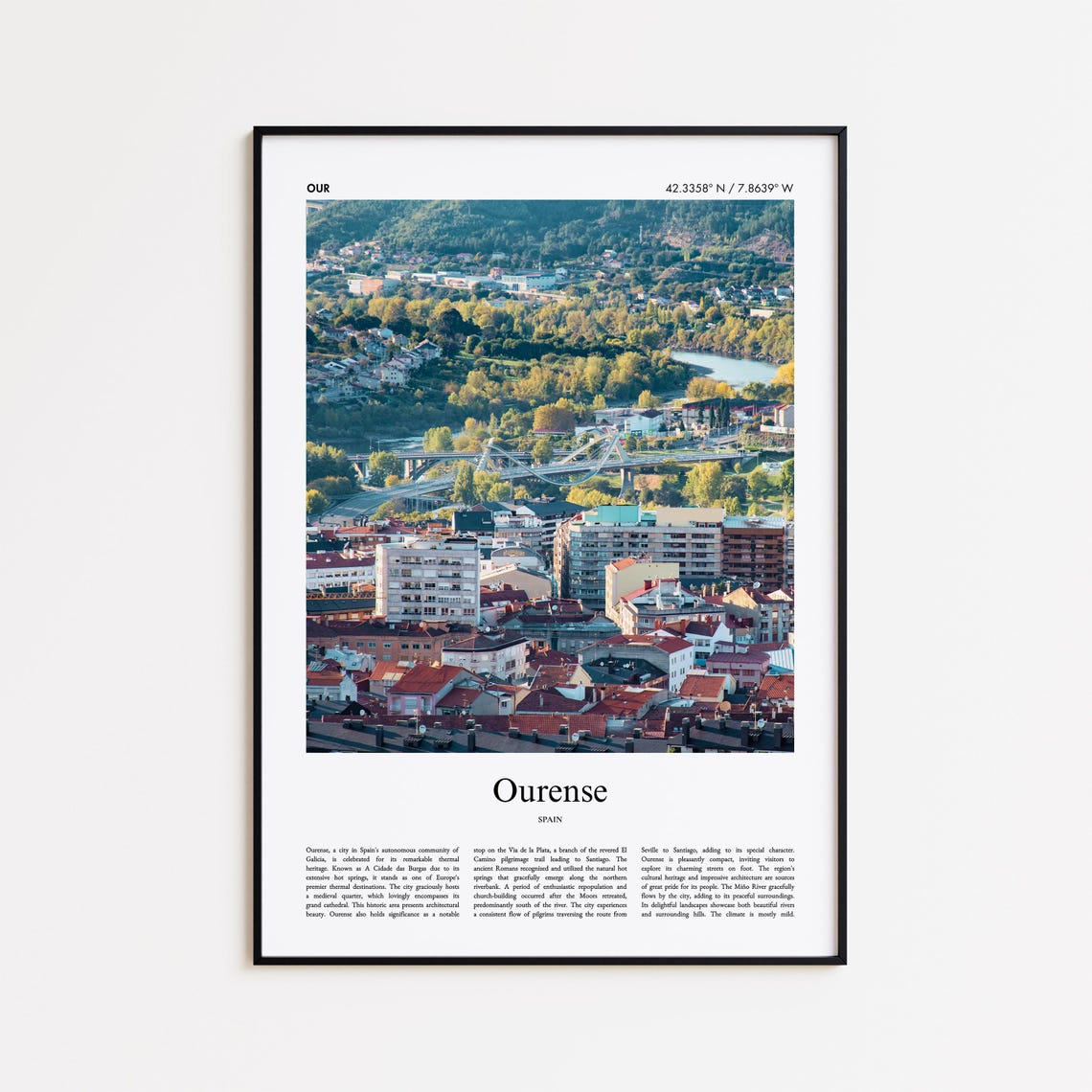 Ourense Spain City View With River Bridges and Hillside Poster