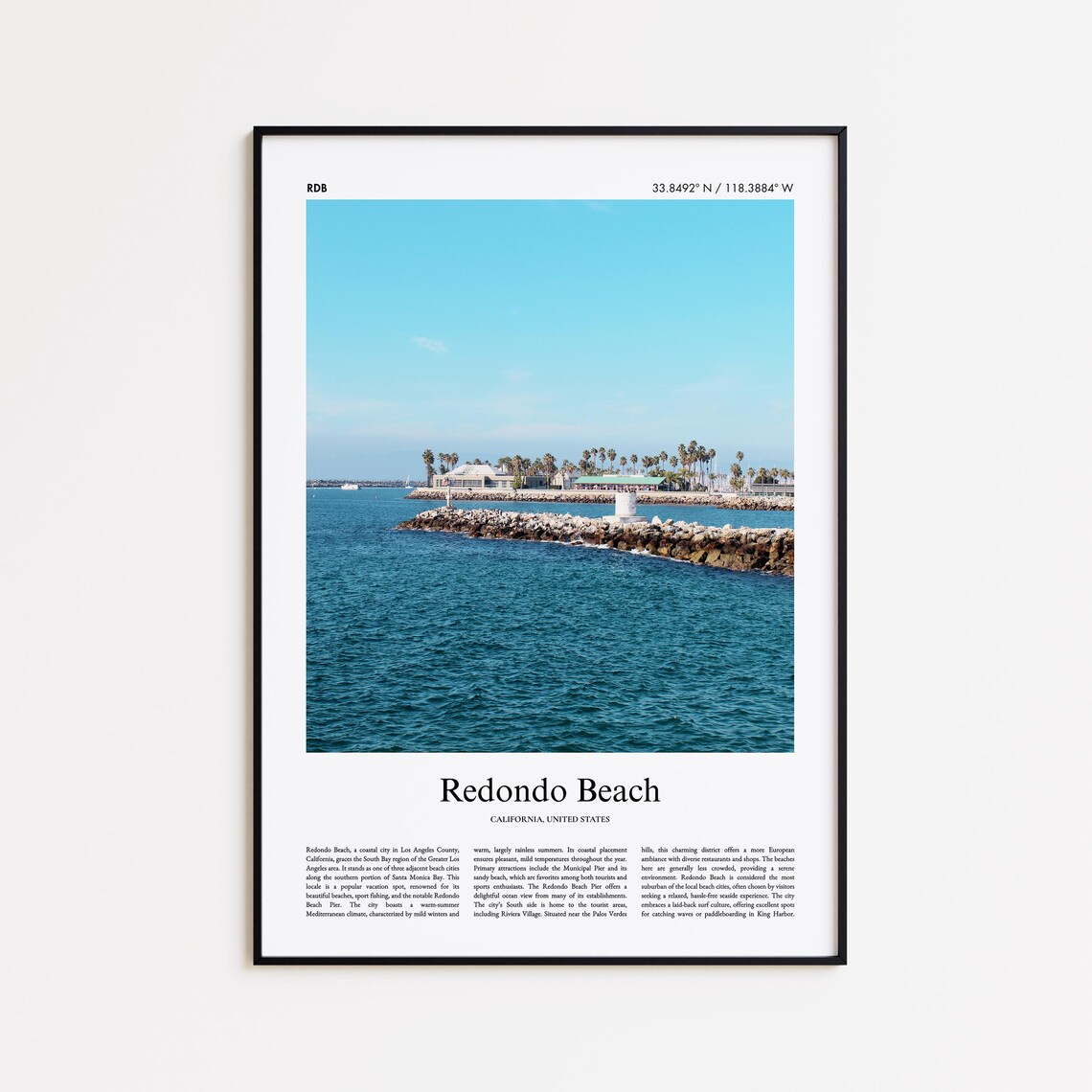 Redondo Beach California Pier Shoreline and Breakwater Travel Poster