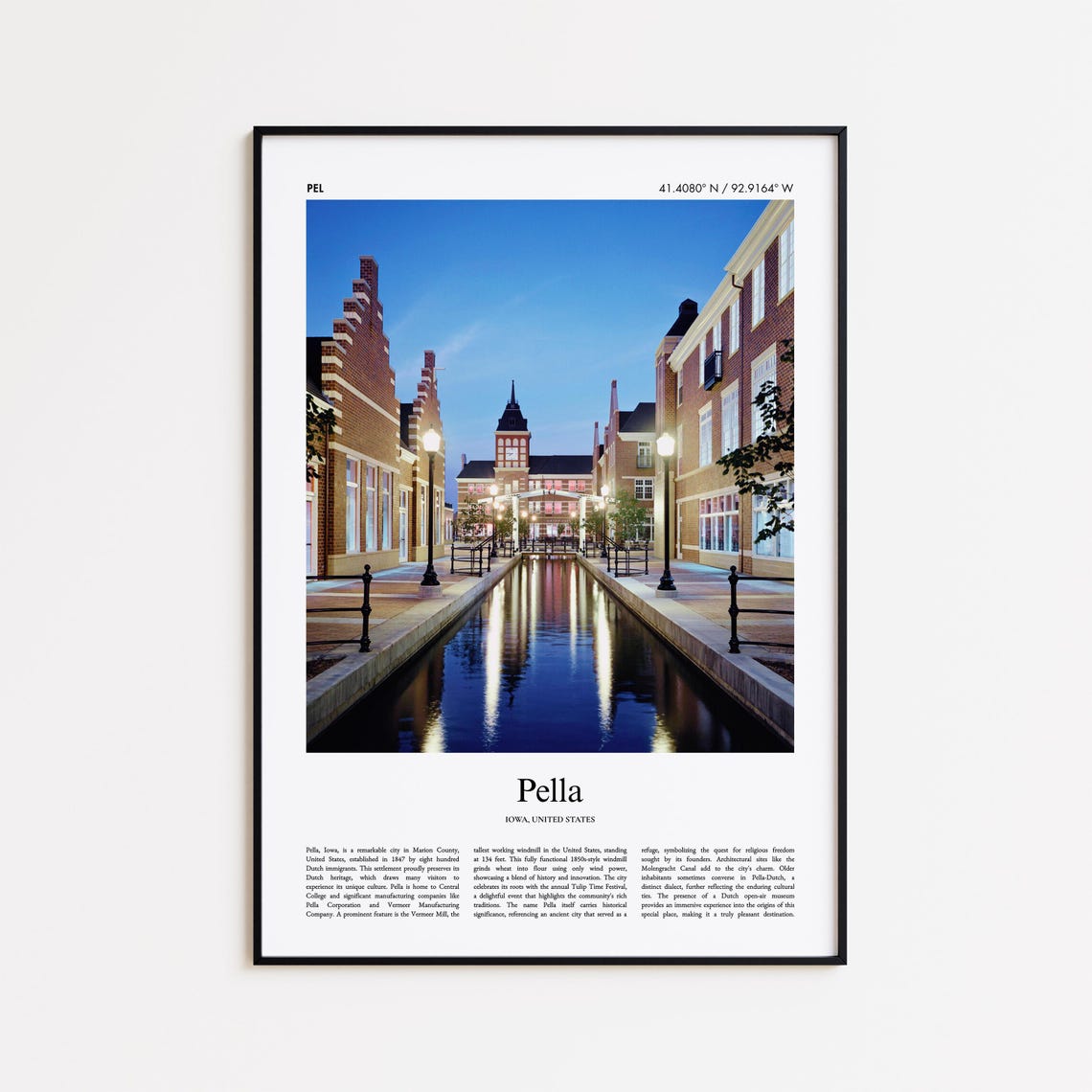 Pella Color Print Real Photo Poster Travel Gift Iowa United States Usa Minimal City