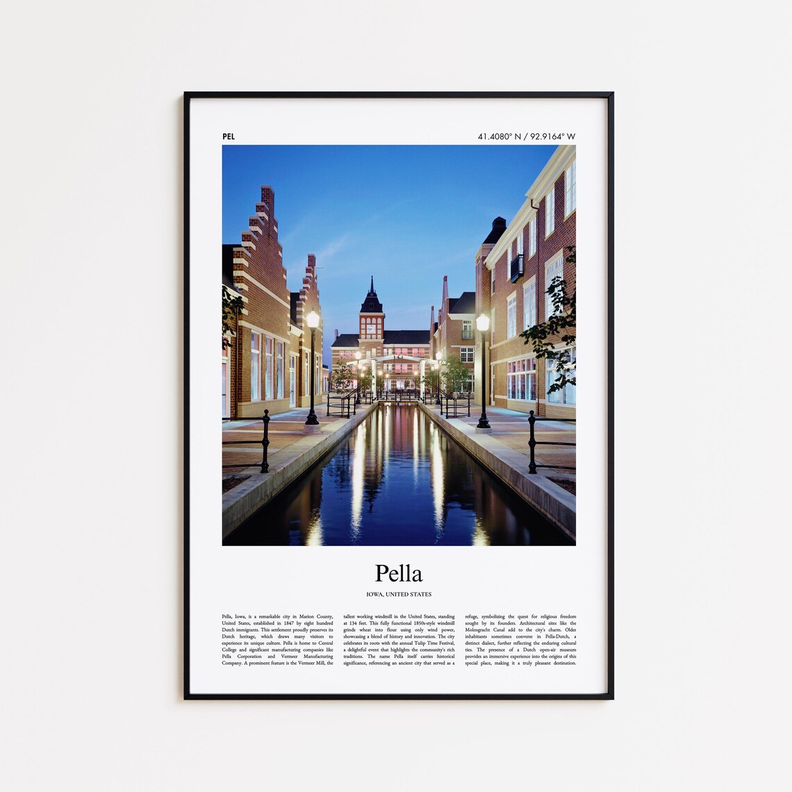 Pella Iowa Charming Dutch Canal Street Dusk Travel Photo Poster